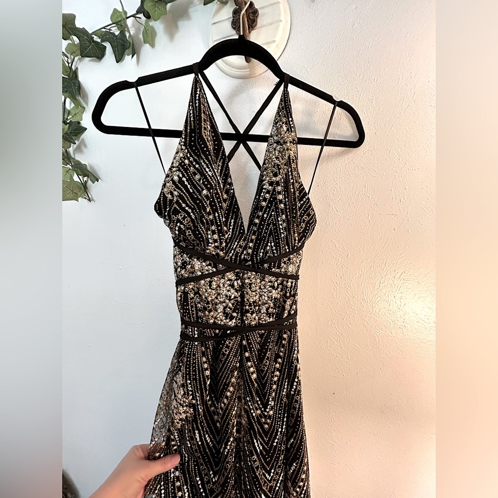 Hello Molly Black and Gold Sparkly Goddess Prom Dress - Picture 10 of 16